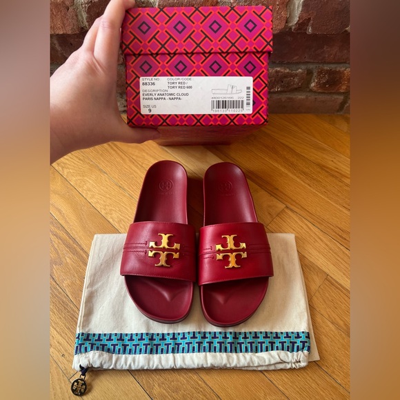 Tory Burch Red Leather Everly Anatomic Cloud Slide Sandals - Picture 10 of 12